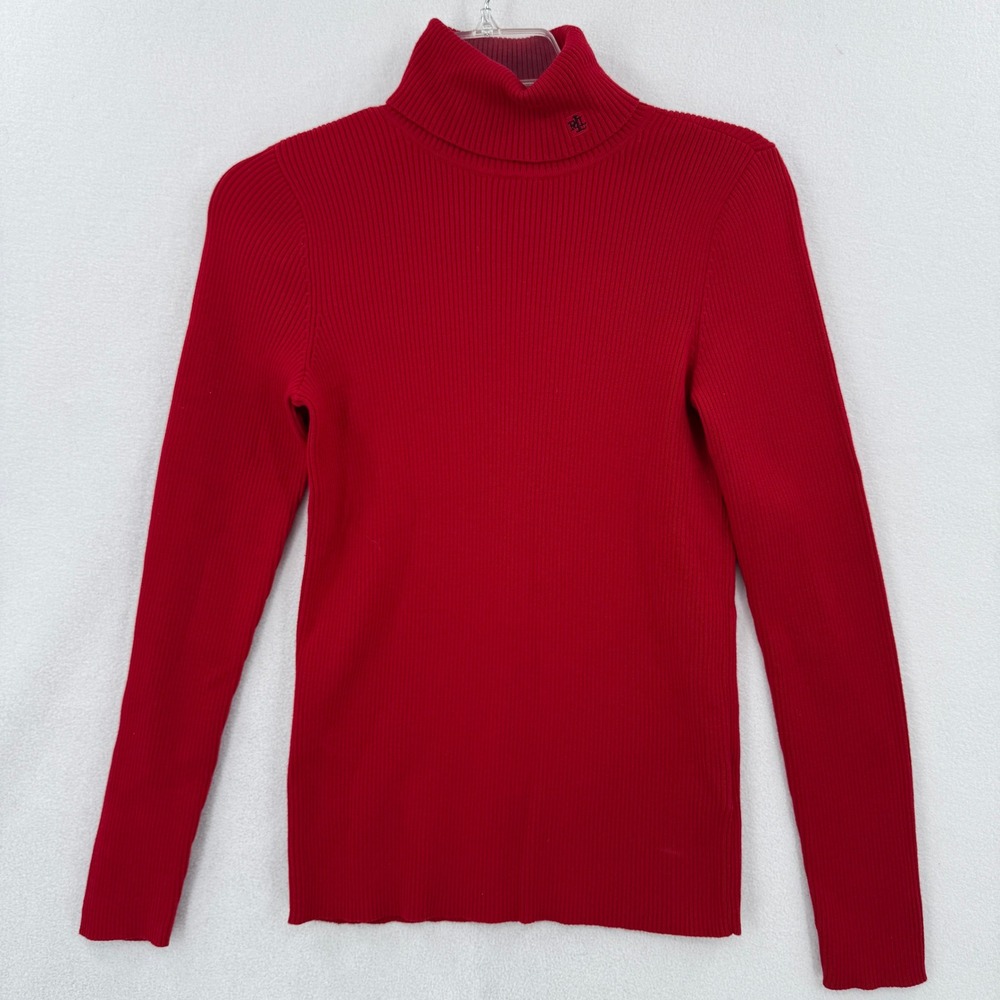 Lauren Ralph Lauren Turtleneck Sweater Women Medium Red Ribbed Cotton Knit